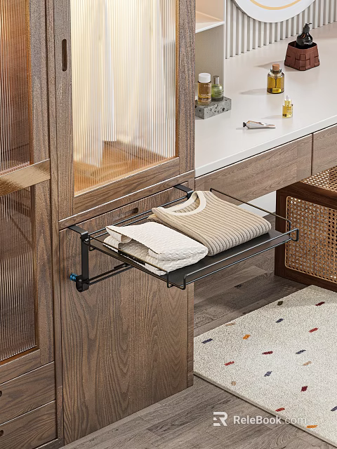 Modern Wooden Wardrobe Interior With Glass Door Shelf And Folded Clothes 3d model 