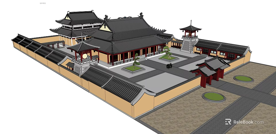 Ancient Chinese Traditional Architecture With Curved Eaves Black Tiles Courtyard Pavilion And Red Gate 3d model 