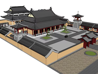 Ancient Chinese Traditional Architecture With Curved Eaves Black Tiles Courtyard Pavilion And Red Gate 3d model