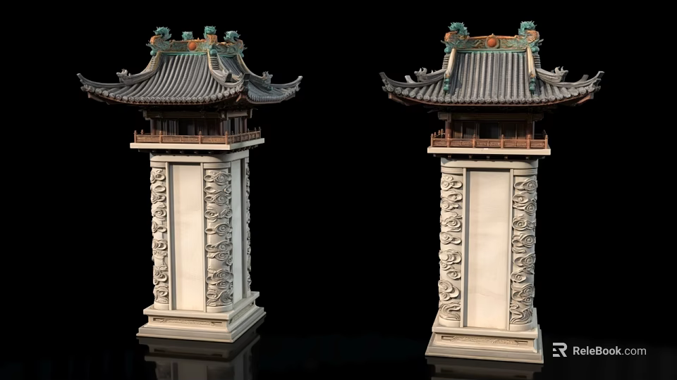 Ancient Architecture Showcasing Traditional Pavilion Roofs On Ornately Carved Stone Pillars 3d model 