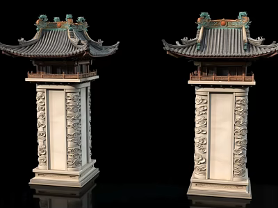 Ancient Architecture Showcasing Traditional Pavilion Roofs On Ornately Carved Stone Pillars 3d model