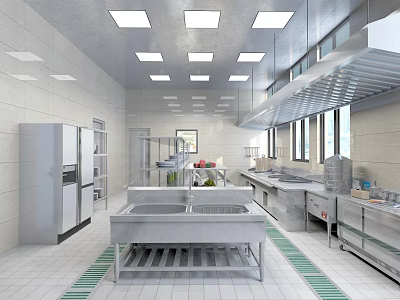 Commercial Kitchen Interior Featuring Stainless Steel Worktables Vent Hoods Tile Walls And Bright Lighting 3d model