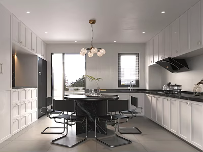 Modern Kitchen Interior With White Cabinets Black Marble Island Dining Table Chairs And Pendant Light 3d model