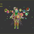Central Fantasy Character Surrounded By Multiple Creature Heads With Colorful Hair And Green Glowing Dots