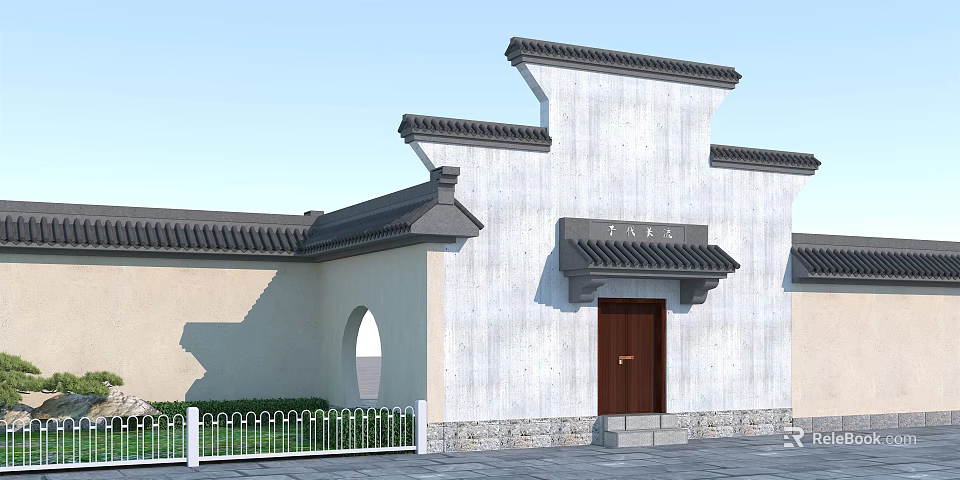 Traditional Chinese Entrance Gate With Brown Wooden Door White Stucco Walls And Black Tile Roof 3d model 