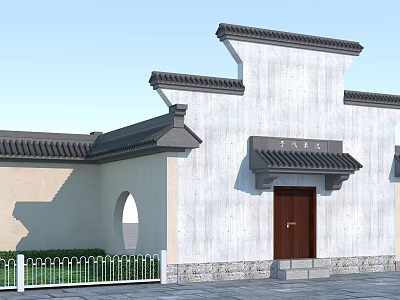 Traditional Chinese Entrance Gate With Brown Wooden Door White Stucco Walls And Black Tile Roof 3d model