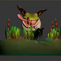Winged Green Frog Game Character on Circular Base with Lily Pad Patterns and Red Reeds