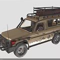 Beige Off Road Vehicle With Roof Rack Cargo Mud Splatters And Front Brush Guard