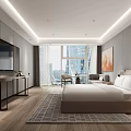 Modern Spacious Hotel Guest Room With King Bed Gray Walls Wooden Flooring And Abstract Painting