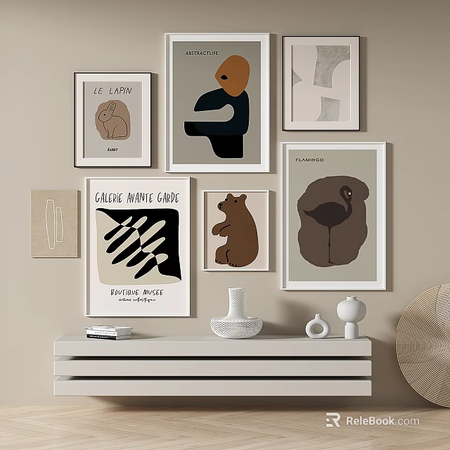 Abstract Art Prints On Beige Wall With Decor 3d model