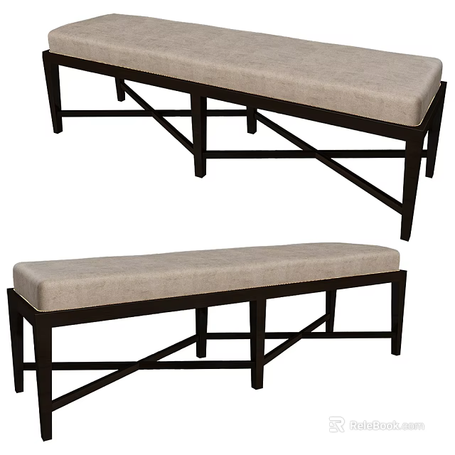 Modern Stylish Bench With Black Frame And Beige Cushion For Home Interior 3d model