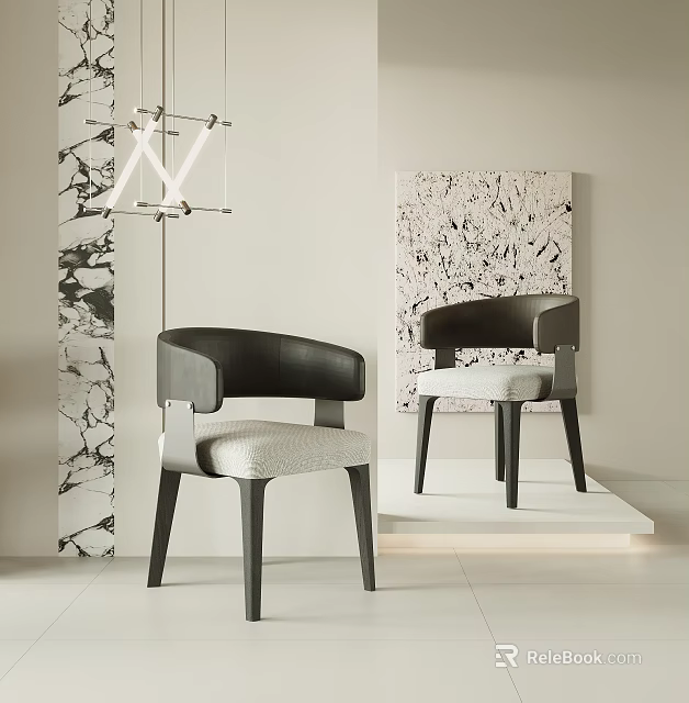 Modern Dining Chairs With Black Frame And Gray Upholstery In Interior With Artwork 3d model 