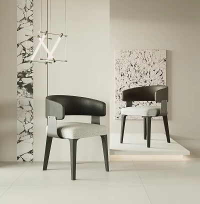 Modern Dining Chairs With Black Frame And Gray Upholstery In Interior With Artwork 3d model