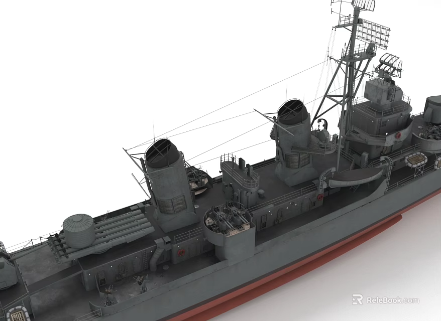 Detailed Gray Warship With Turrets Mast And Deck Facilities On White Background 3d model 