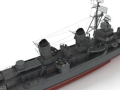 Detailed Gray Warship With Turrets Mast And Deck Facilities On White Background 3d model