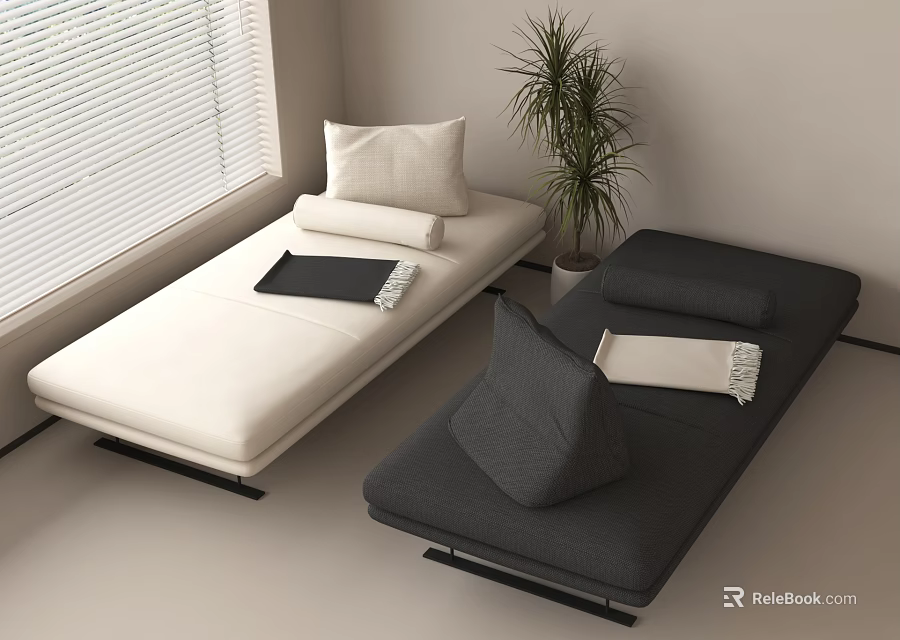 Stylish White and Gray Two Seater Sofas with Pillows Blankets Near Window and Potted Plant 3d model 