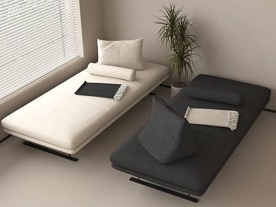 Stylish White and Gray Two Seater Sofas with Pillows Blankets Near Window and Potted Plant 3d model
