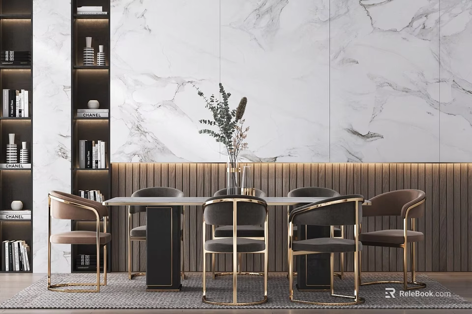 Elegant Dining Table Set With Brown Chairs Gold Accents And Marble Wall Backdrop 3d model