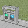 Roadside Dual Compartment Trash Bin With Green Blue Labels Next To Grass And Paved Sidewalk