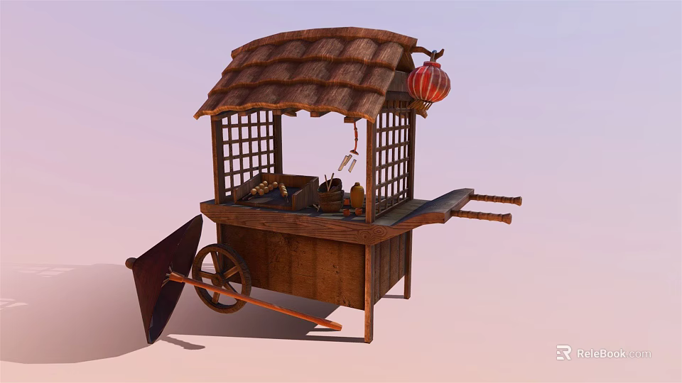 Traditional Street Food Cart With Straw Roof Wooden Structure And Red Lantern 3d model 