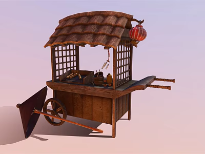 Traditional Street Food Cart With Straw Roof Wooden Structure And Red Lantern 3d model