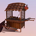 Traditional Street Food Cart With Straw Roof Wooden Structure And Red Lantern