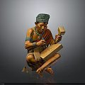 Traditional Man Sitting Crafting Wood with Tool Wearing Green Headdress and Blue Necklace