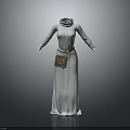 Elegant White Floor Length Robe With High Neck Long Sleeves And Decorative Waist Bag