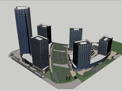 Modern High Rise Office Towers With Landscaped Plaza And Green Courtyard 3d model