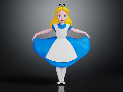 Cartoon Alice Character With Blonde Hair In Blue White Dress Holding Flowing Skirt 3d model