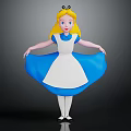 Cartoon Alice Character With Blonde Hair In Blue White Dress Holding Flowing Skirt