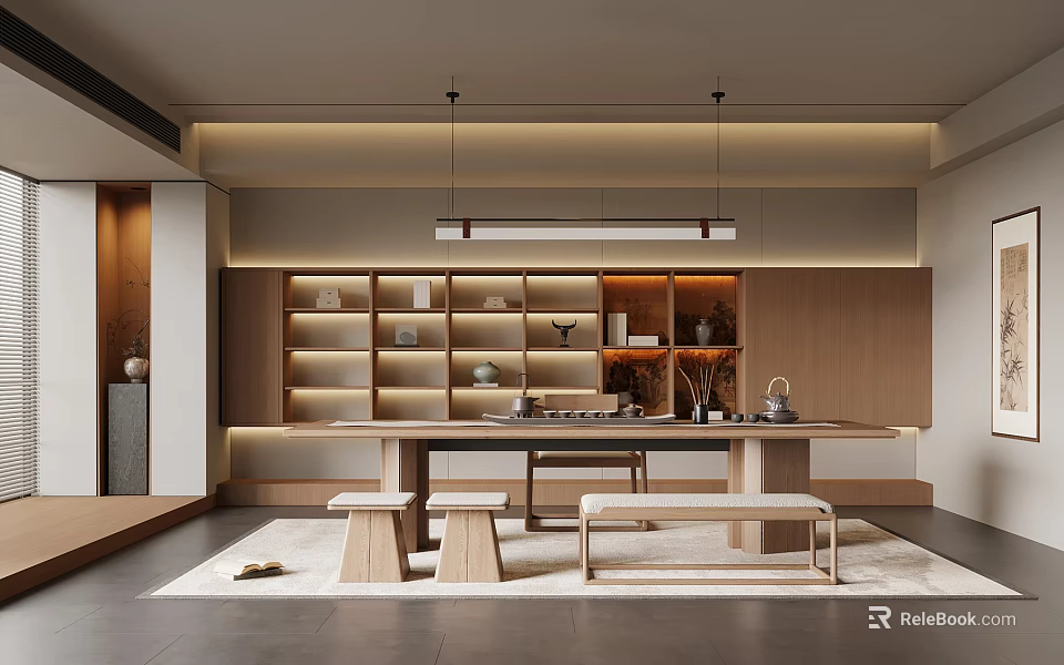 Modern Tea Room Interior Design With Long Table Benches Wooden Shelves And Tea Sets 3d model 