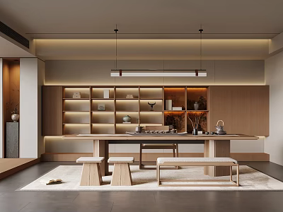 Modern Tea Room Interior Design With Long Table Benches Wooden Shelves And Tea Sets 3d model