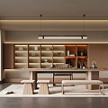 Modern Tea Room Interior Design With Long Table Benches Wooden Shelves And Tea Sets