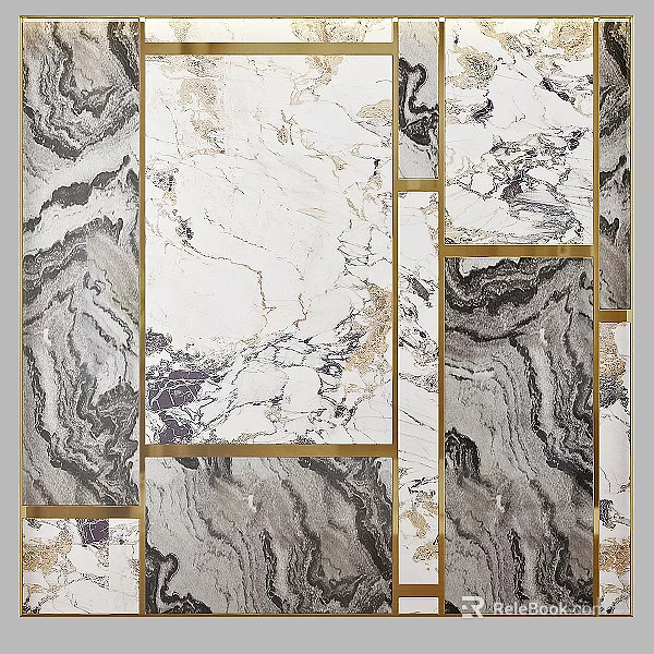 Elegant Modern Kitchen Backsplash With Marble Panels And Gold Metal Trim 3d model 