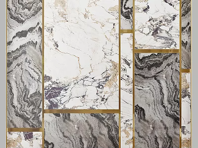 Elegant Modern Kitchen Backsplash With Marble Panels And Gold Metal Trim 3d model