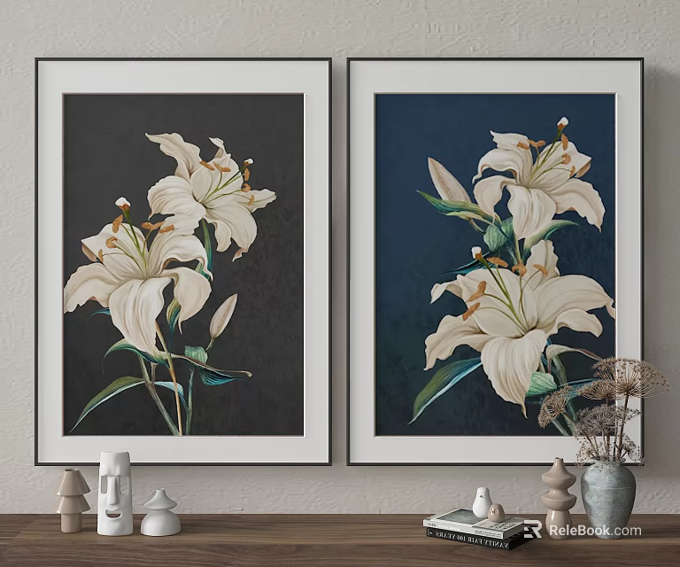 Botanical Lily Plant Paintings in White Frames with Dark and Navy Blue Backgrounds 3d model 