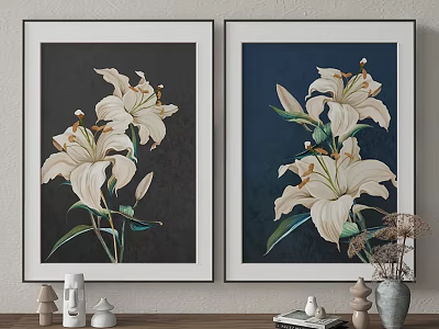 Botanical Lily Plant Paintings in White Frames with Dark and Navy Blue Backgrounds 3d model