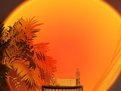 Elegant Decorative Ornament Set With Palm Leaves On Small Table And Orange Background 3d model