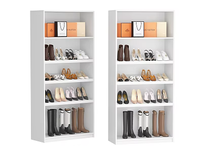 White Multi Tiered Shoe Racks Displaying Various Shoes Including High Heels Flats And Boots 3d model