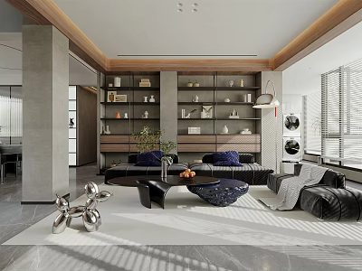 Modern Living Dining Room Interior Design With Open Layout Sofa Bookshelf And Natural Light 3d model
