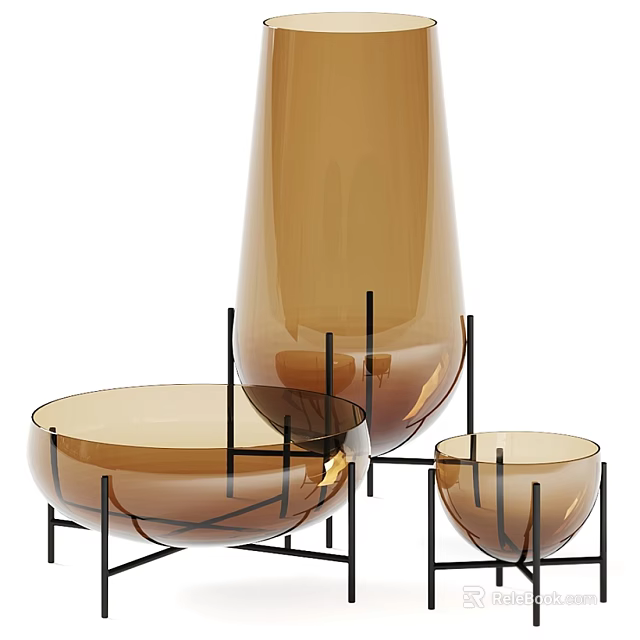 Amber Transparent Glass Decorative Ornament Set with Black Metal Stands Vase and Bowls 3d model 