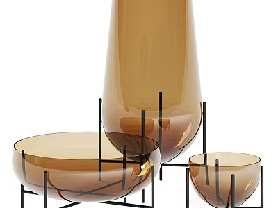 Amber Transparent Glass Decorative Ornament Set with Black Metal Stands Vase and Bowls 3d model