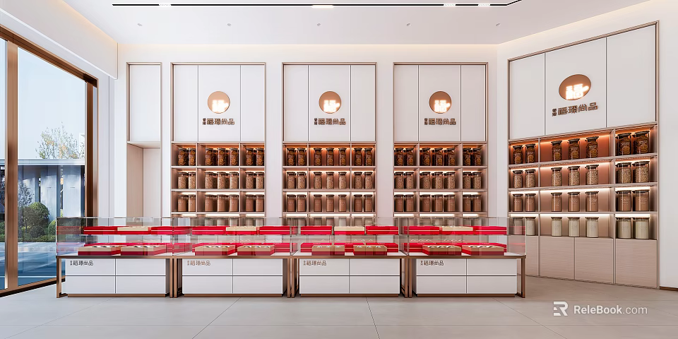 Elegant Specialty Store Interior With White Shelves Round Lights Jars And Red Display Counters 3d model 