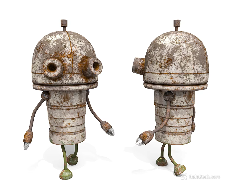 Two Rusty Metal Robots With Vintage Design And Mechanical Features 3d model 