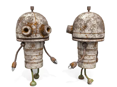 Two Rusty Metal Robots With Vintage Design And Mechanical Features 3d model