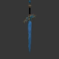 Fantasy Sword With Blue Glowing Blade And Decorative Feathered Hilt Design