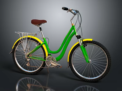 Vintage Green Bicycle with Yellow Fenders Brown Seat Rear Rack and Wire Basket 3d model