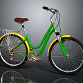 Vintage Green Bicycle with Yellow Fenders Brown Seat Rear Rack and Wire Basket