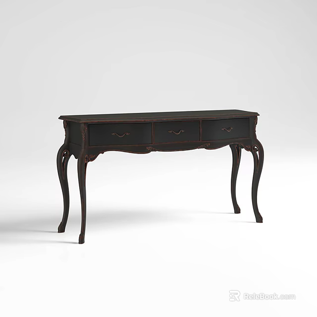Classic Black Console Table with Three Drawers Gold Handles and Curved Legs 3d model 